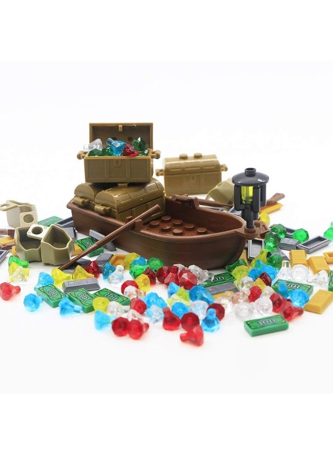 Pirate Accessories Money - Treasure Chest Building Block Bricks Pack, Money Gold Bar, Gems Diamonds, Jewels with Pirate Boat Ship People Parts, Building Bricks Set