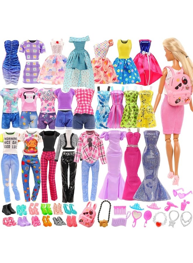 BARWA Lot 36 Items 3 Fashion Dresses 3 Casual Tops and Pants Outfits 6 Pcs Mini Dresses with 1 Bags 10 Shoes, 13 Accessories for 11.5 Inch Girl Doll Birthday Xmas