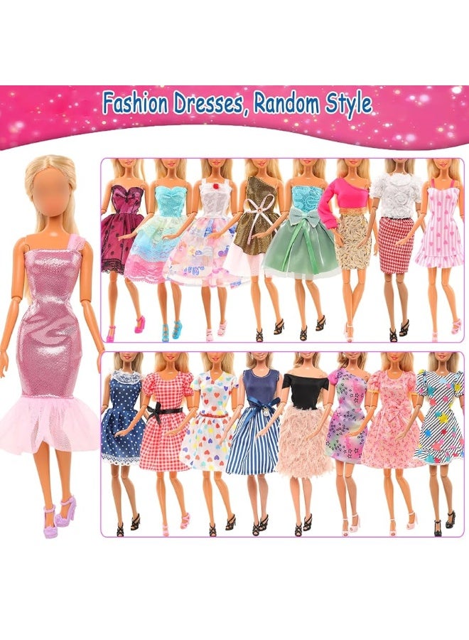 BARWA Lot 36 Items 3 Fashion Dresses 3 Casual Tops and Pants Outfits 6 Pcs Mini Dresses with 1 Bags 10 Shoes, 13 Accessories for 11.5 Inch Girl Doll Birthday Xmas