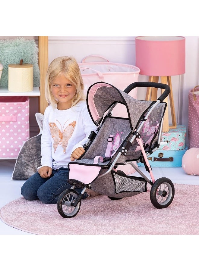 Bayer Design Dolls Twin 3 Wheel Jogger, Grey, Pink