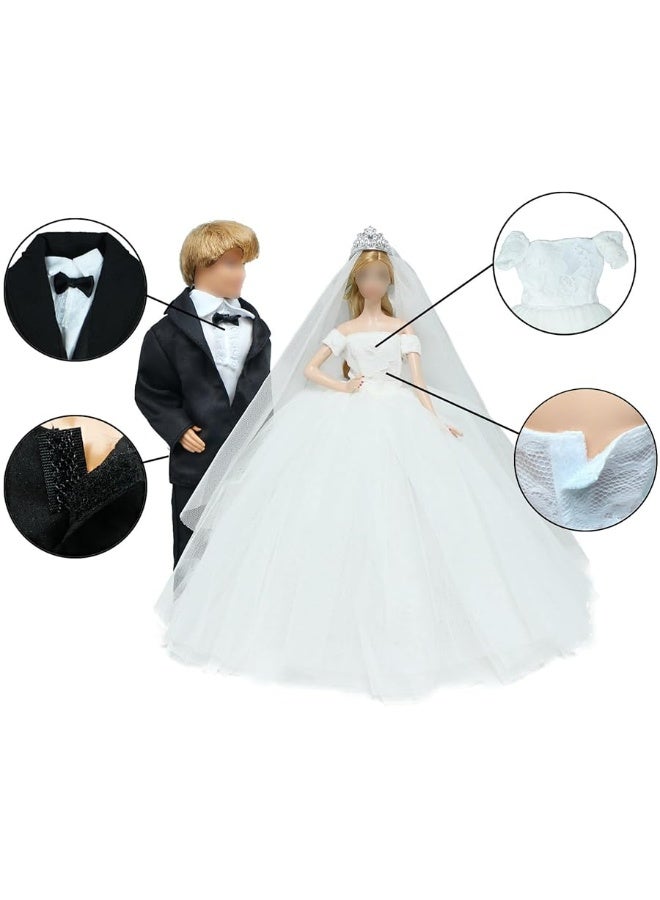BJDBUS Wedding Set White Dress Bridal Veil and Groom Formal Suit Outfit for Boys Girl 11.5 in. Doll Clothes