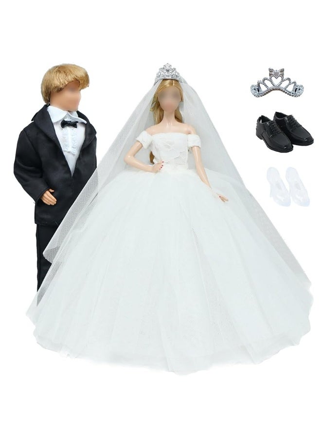BJDBUS Wedding Set White Dress Bridal Veil and Groom Formal Suit Outfit for Boys Girl 11.5 in. Doll Clothes