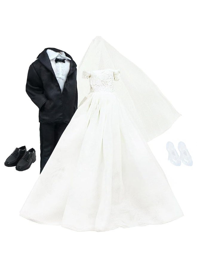 BJDBUS Wedding Set White Dress Bridal Veil and Groom Formal Suit Outfit for Boys Girl 11.5 in. Doll Clothes