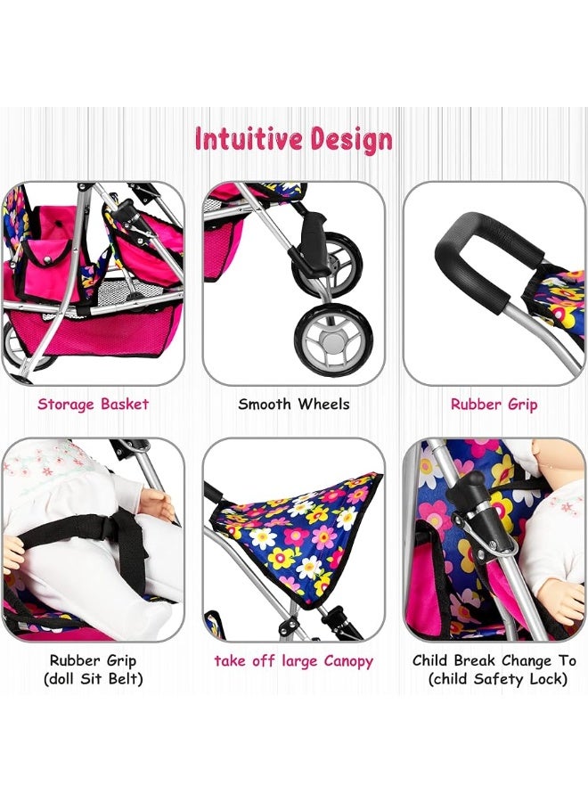 fash n kolor Twin Baby Doll Stroller - Pretend Play Baby Stroller for Dolls - Toy Stroller with Storage Basket for Baby Doll Accessories Set - Flower Design Baby Stroller Toy for Kids - Folds Easily