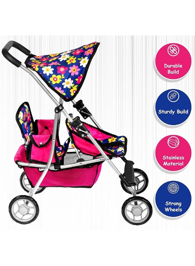 fash n kolor Twin Baby Doll Stroller - Pretend Play Baby Stroller for Dolls - Toy Stroller with Storage Basket for Baby Doll Accessories Set - Flower Design Baby Stroller Toy for Kids - Folds Easily