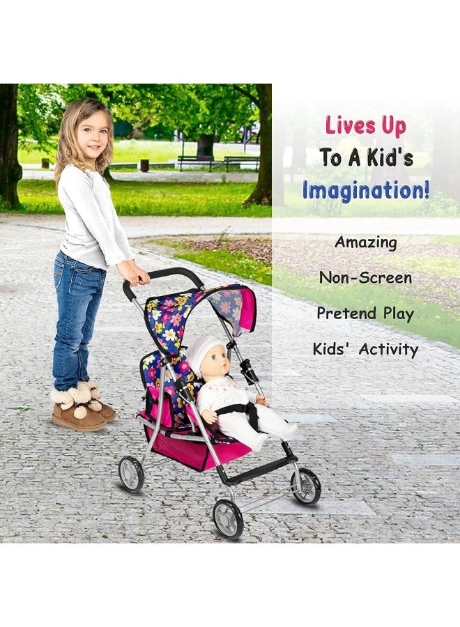 fash n kolor Twin Baby Doll Stroller - Pretend Play Baby Stroller for Dolls - Toy Stroller with Storage Basket for Baby Doll Accessories Set - Flower Design Baby Stroller Toy for Kids - Folds Easily