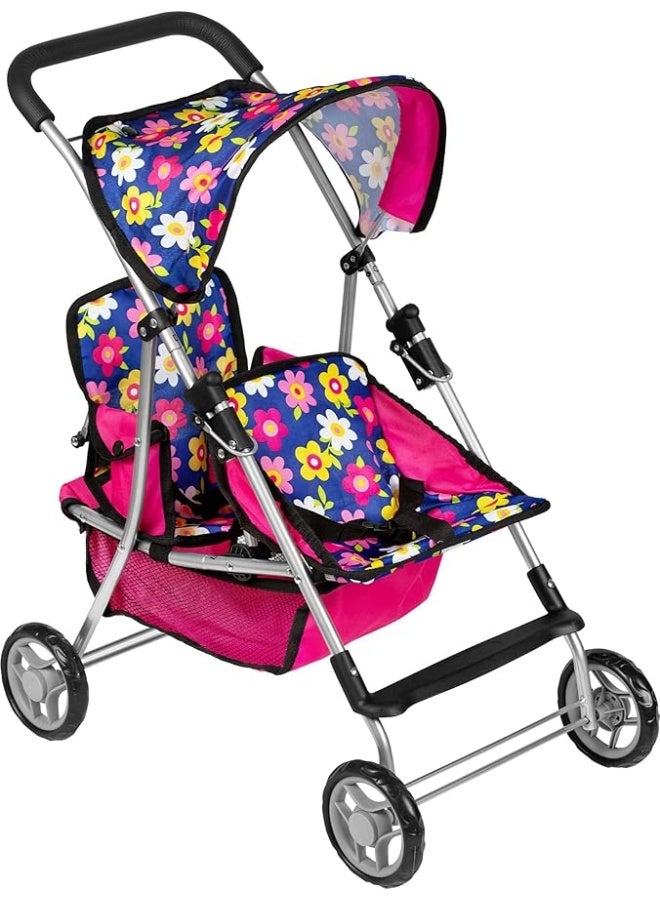 fash n kolor Twin Baby Doll Stroller - Pretend Play Baby Stroller for Dolls - Toy Stroller with Storage Basket for Baby Doll Accessories Set - Flower Design Baby Stroller Toy for Kids - Folds Easily