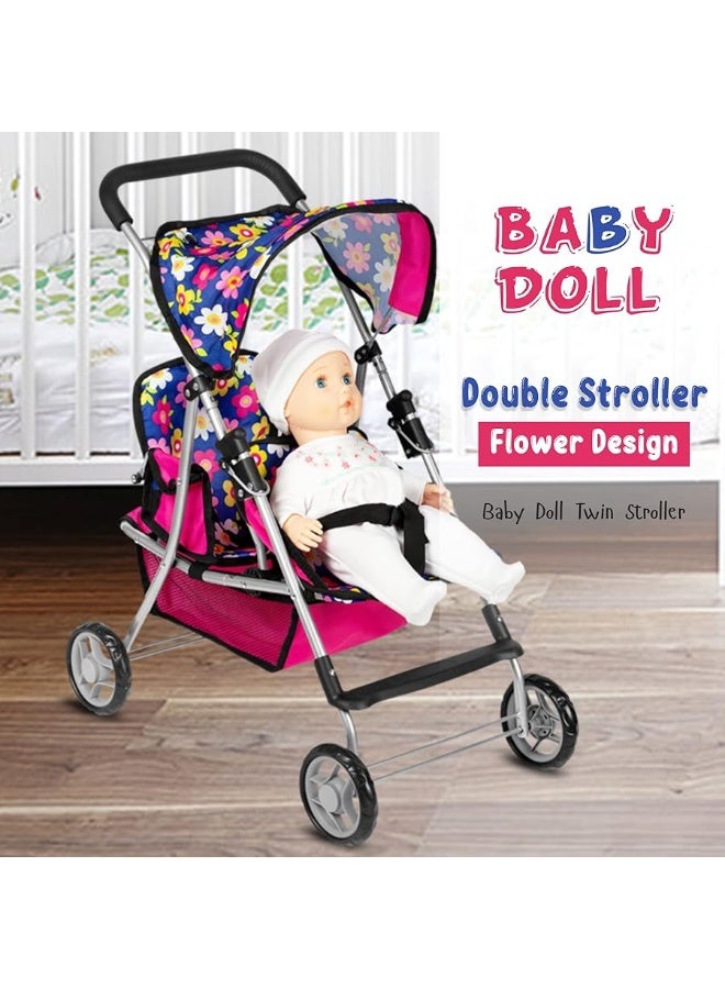 fash n kolor Twin Baby Doll Stroller - Pretend Play Baby Stroller for Dolls - Toy Stroller with Storage Basket for Baby Doll Accessories Set - Flower Design Baby Stroller Toy for Kids - Folds Easily