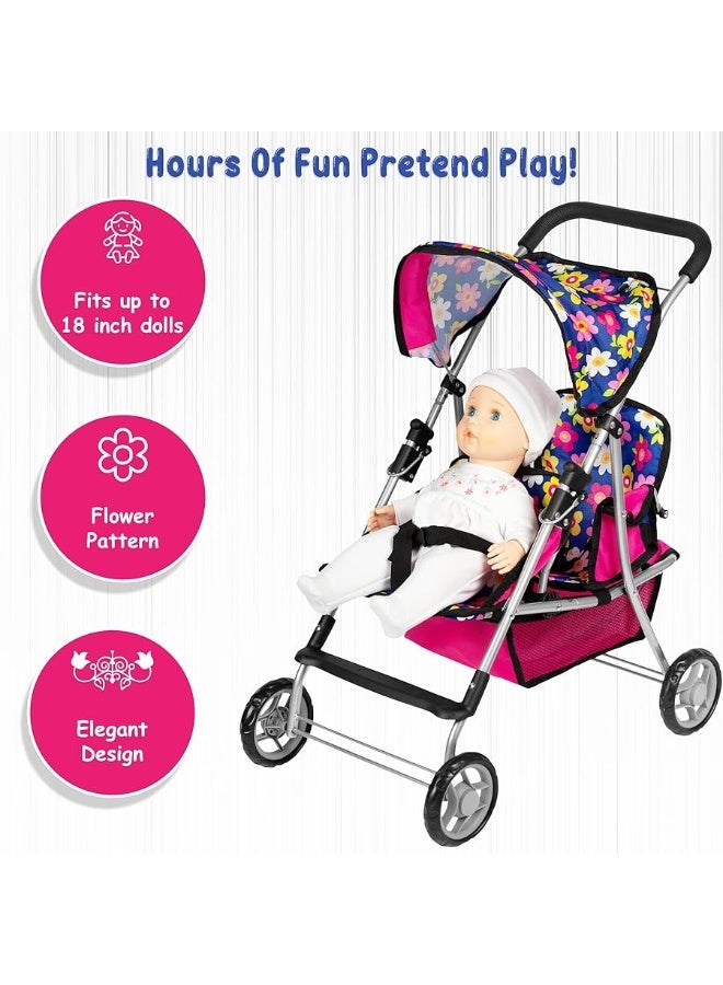 fash n kolor Twin Baby Doll Stroller - Pretend Play Baby Stroller for Dolls - Toy Stroller with Storage Basket for Baby Doll Accessories Set - Flower Design Baby Stroller Toy for Kids - Folds Easily