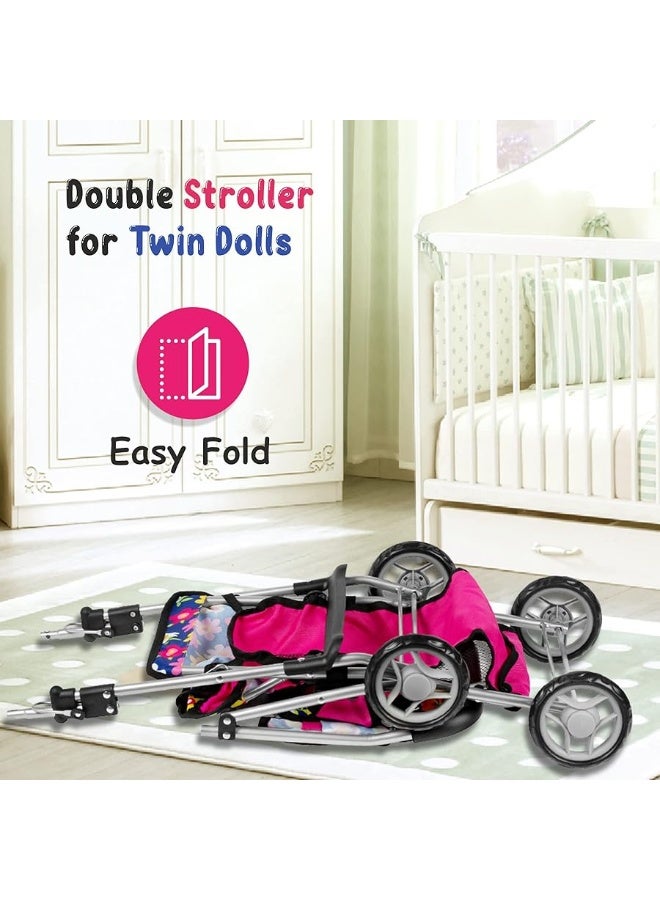 fash n kolor Twin Baby Doll Stroller - Pretend Play Baby Stroller for Dolls - Toy Stroller with Storage Basket for Baby Doll Accessories Set - Flower Design Baby Stroller Toy for Kids - Folds Easily