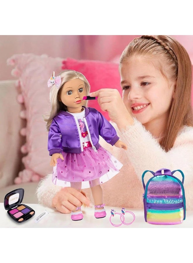 18 Inch Doll Clothes and Accessories School Supplies Playset and Makeup Accesscories Doll Travel Suitcase Set Including Coat,Dress,Suitcase,Hairpin,Hair Ring,Stickers,Makeup Set (No Doll)