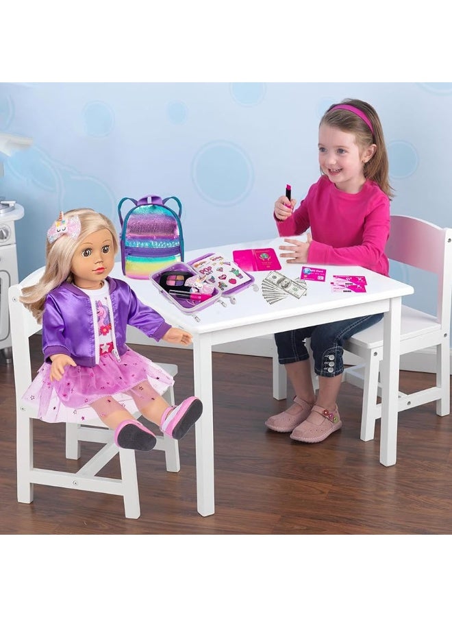 18 Inch Doll Clothes and Accessories School Supplies Playset and Makeup Accesscories Doll Travel Suitcase Set Including Coat,Dress,Suitcase,Hairpin,Hair Ring,Stickers,Makeup Set (No Doll)