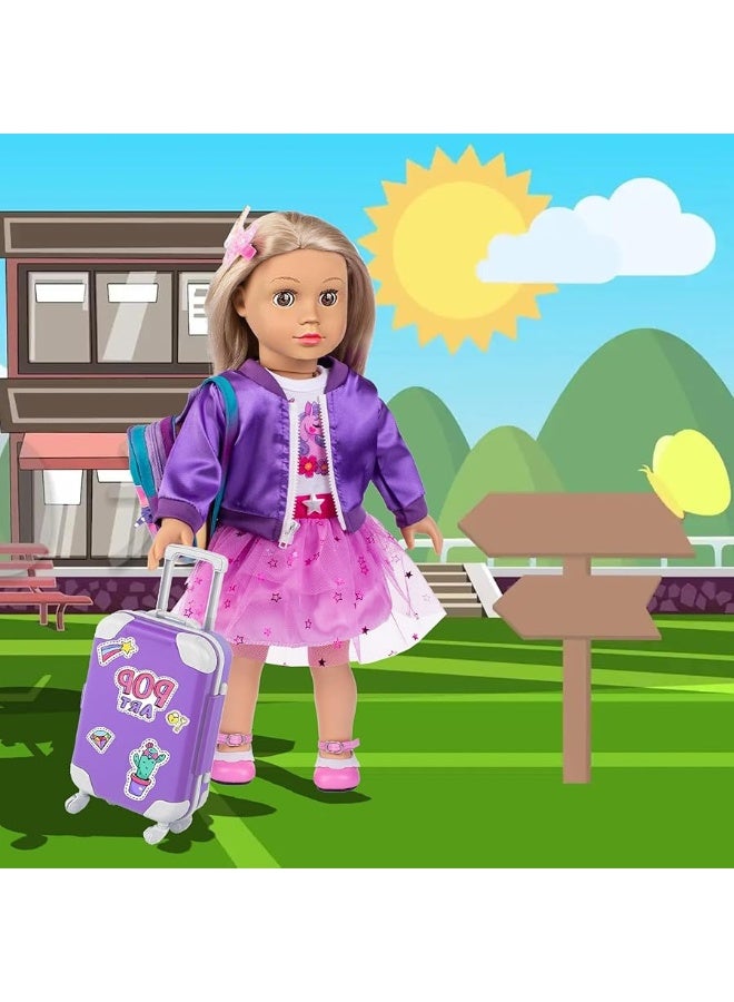 18 Inch Doll Clothes and Accessories School Supplies Playset and Makeup Accesscories Doll Travel Suitcase Set Including Coat,Dress,Suitcase,Hairpin,Hair Ring,Stickers,Makeup Set (No Doll)