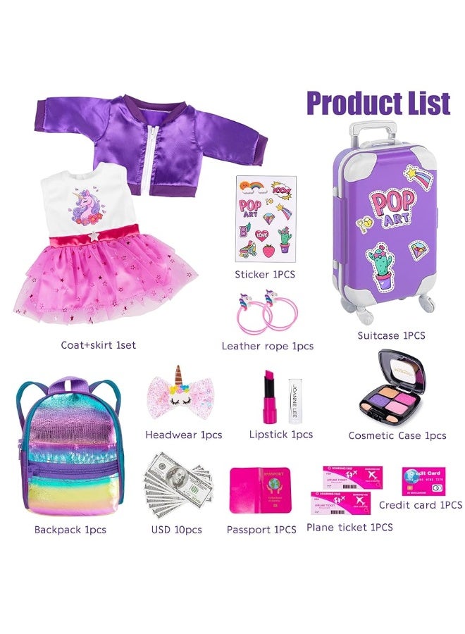 18 Inch Doll Clothes and Accessories School Supplies Playset and Makeup Accesscories Doll Travel Suitcase Set Including Coat,Dress,Suitcase,Hairpin,Hair Ring,Stickers,Makeup Set (No Doll)