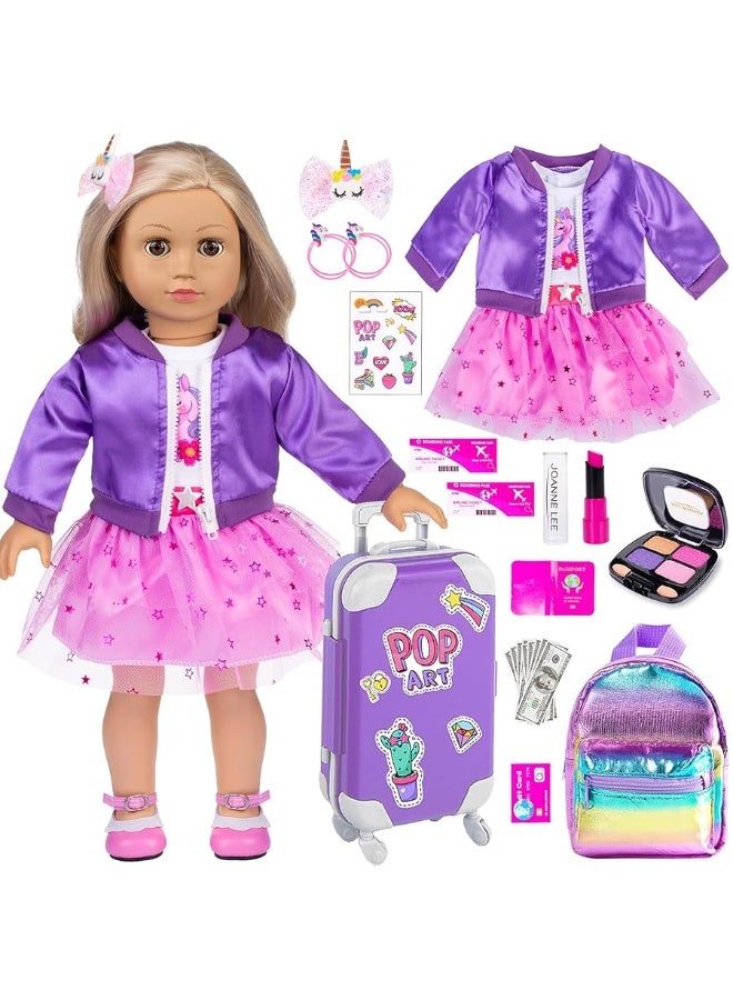 18 Inch Doll Clothes and Accessories School Supplies Playset and Makeup Accesscories Doll Travel Suitcase Set Including Coat,Dress,Suitcase,Hairpin,Hair Ring,Stickers,Makeup Set (No Doll)