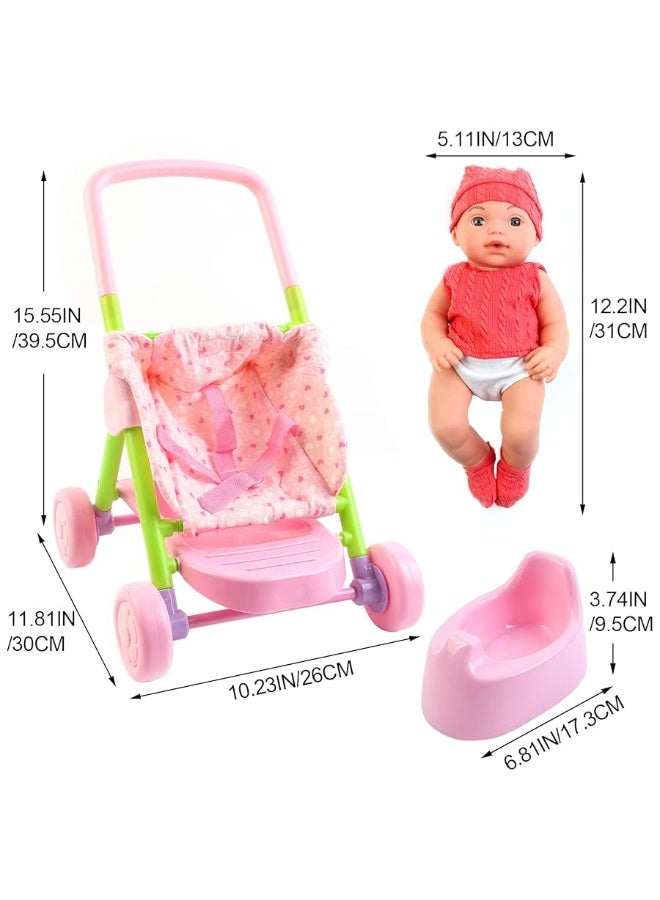 deAO Baby Doll Stroller Set12 inch Doll Playset with Smooth Rolling 11Pcs Baby Doll Accessories  Great Baby Doll Pretend Toy for 3 4 5 Girls