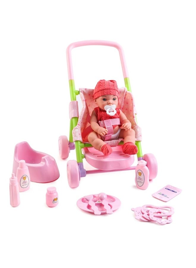 deAO Baby Doll Stroller Set12 inch Doll Playset with Smooth Rolling 11Pcs Baby Doll Accessories  Great Baby Doll Pretend Toy for 3 4 5 Girls