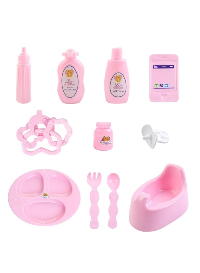 deAO Baby Doll Stroller Set12 inch Doll Playset with Smooth Rolling 11Pcs Baby Doll Accessories  Great Baby Doll Pretend Toy for 3 4 5 Girls