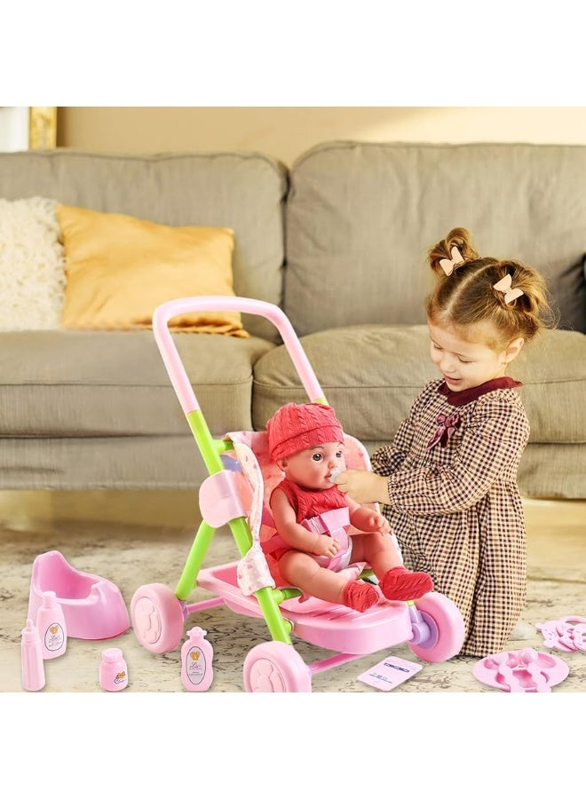 deAO Baby Doll Stroller Set12 inch Doll Playset with Smooth Rolling 11Pcs Baby Doll Accessories  Great Baby Doll Pretend Toy for 3 4 5 Girls