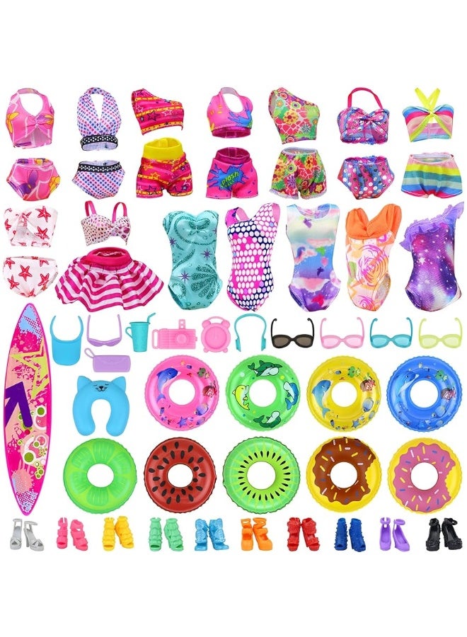 Ecore Fun 35 PCS Doll Clothes Swimwear Beach Bathing Kit Including 10 Bikini Swimsuit 2 Swimming Ring 4 Fashion Glasses 10 Pairs Shoes 1 Surf Skateboard 8 Doll Accessories for 11.5 Inch Doll