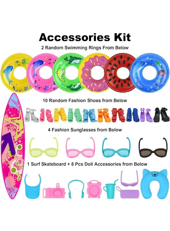 Ecore Fun 35 PCS Doll Clothes Swimwear Beach Bathing Kit Including 10 Bikini Swimsuit 2 Swimming Ring 4 Fashion Glasses 10 Pairs Shoes 1 Surf Skateboard 8 Doll Accessories for 11.5 Inch Doll