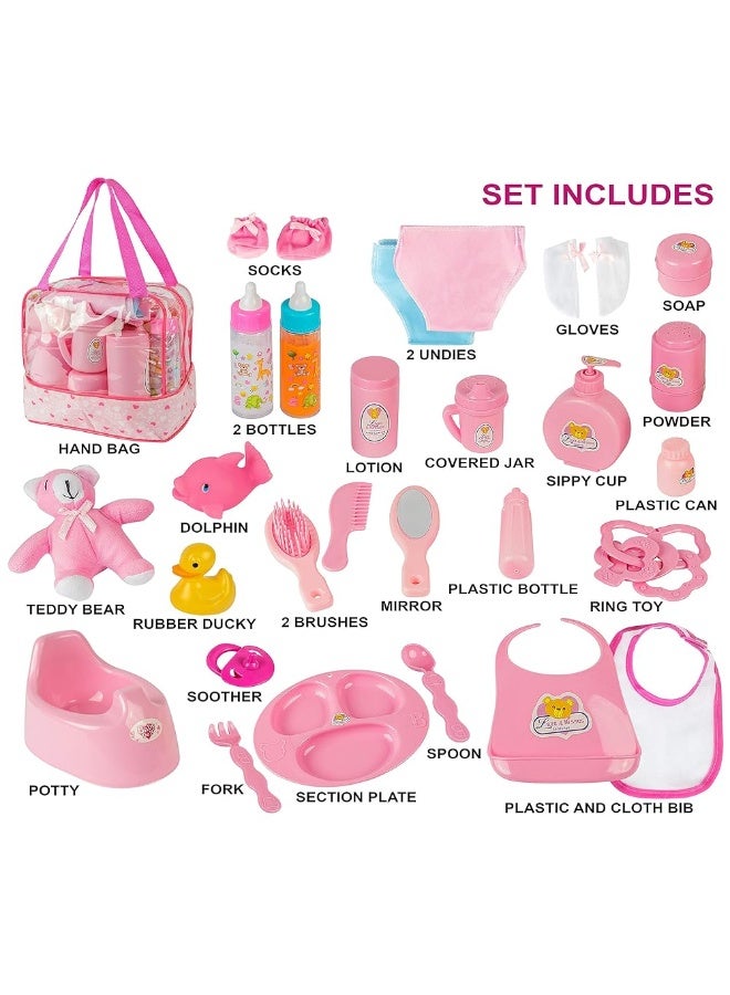 fash n kolor Doll Feeding Set | Set Includes Baby Doll, Doll Diapers, Diaper Bag, Magic Bottles, Potty and Bath Toys | 26 Changing and Other Accessories for 3+ Years Kids