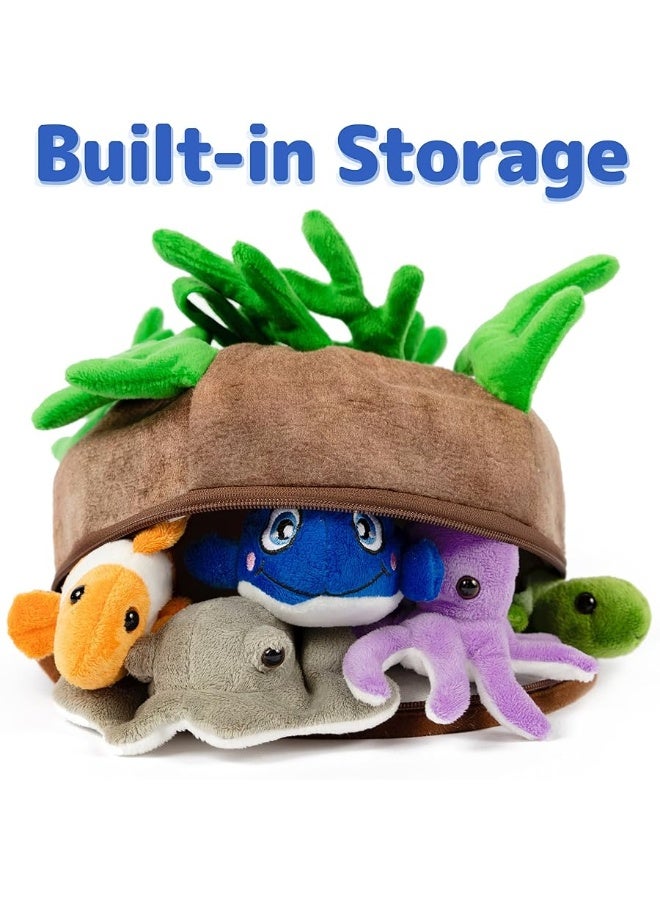 Prextex 5-pc Stuffed Sea Animal & Toy Storage | Soft Plush Sea Creatures Toys for Kids | Small/Mini Stuffed Animals in Bulk | Cute Toy Ocean Decor, Ocean Animals | Birthday Gift Bag, Party Favor/Decor