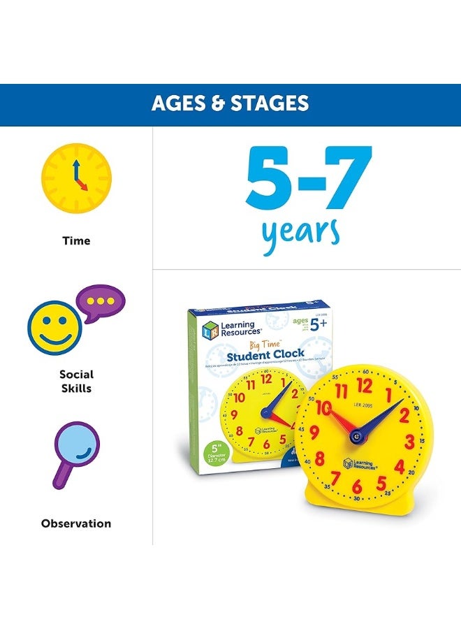 Learning Resources Big Time Student Clock, Teaching & Demonstration Clock, Develops Time and Early Math Skills, Ages 5+, Clock for Learning, 12 Hour,Back to School Gifts