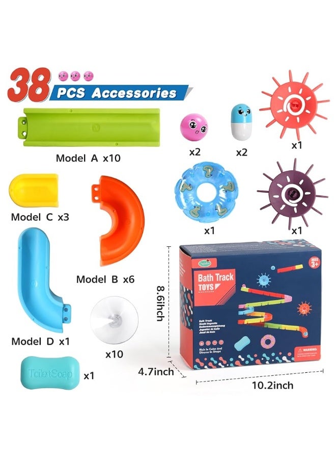 Bath Toys for Kids Ages 3-4-8 Toddler Bathtub Toys Slippery Slide Track DIY Mold Free Shower Toddler Toys with Suction Cups Birthday Gift for Boys Girls Bath Time Ages 3 4 5 6 7 8(38PCS)