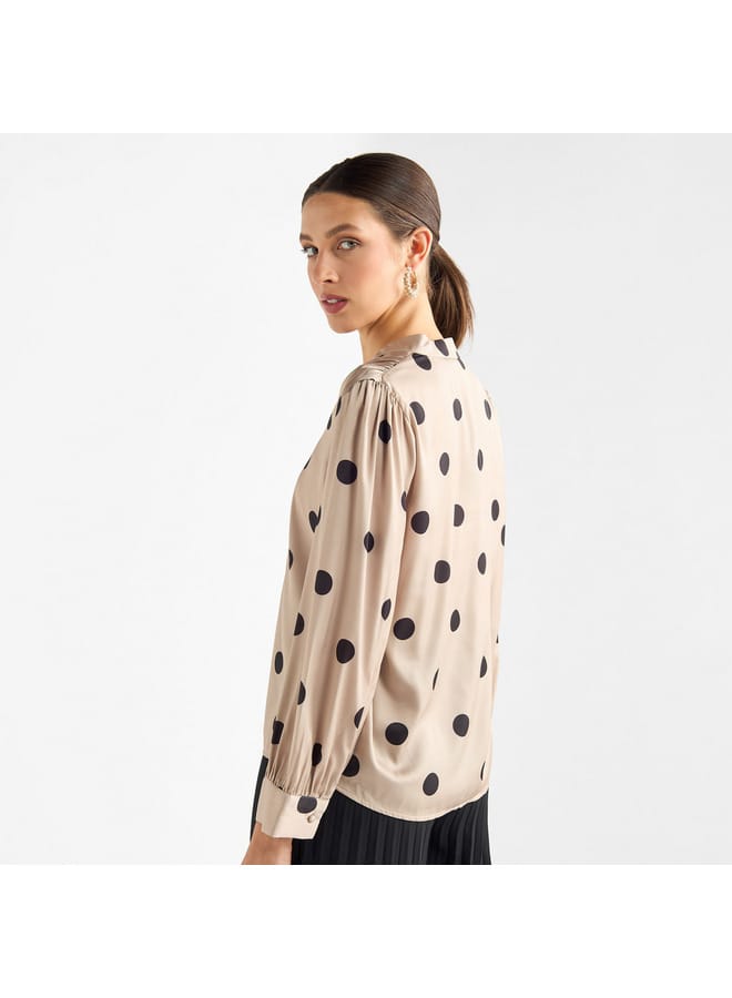 All-Over Polka Dot Print V-neck Top with Long Sleeves