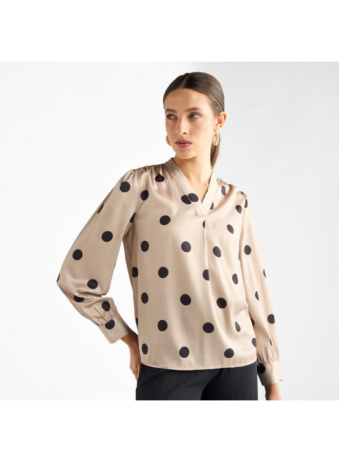 All-Over Polka Dot Print V-neck Top with Long Sleeves