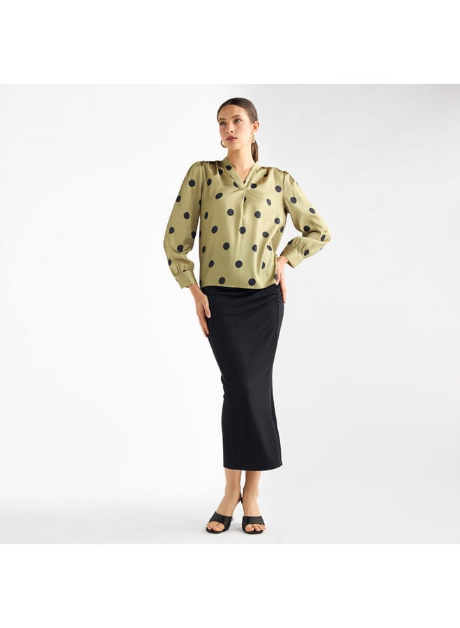 All-Over Polka Dot Print V-neck Top with Long Sleeves