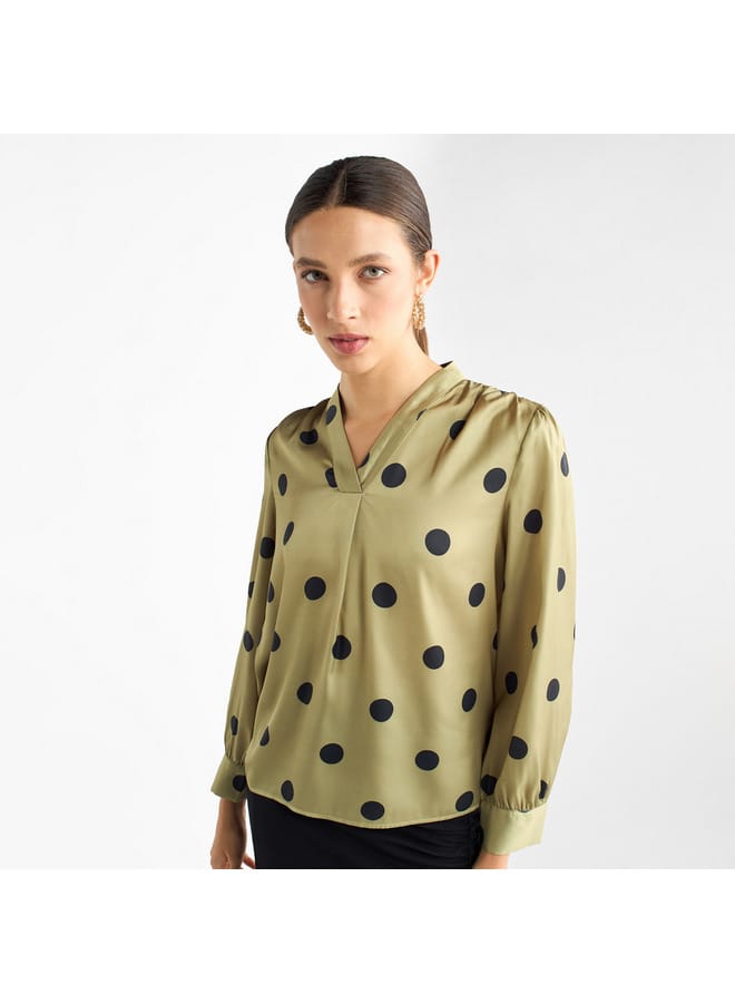 All-Over Polka Dot Print V-neck Top with Long Sleeves