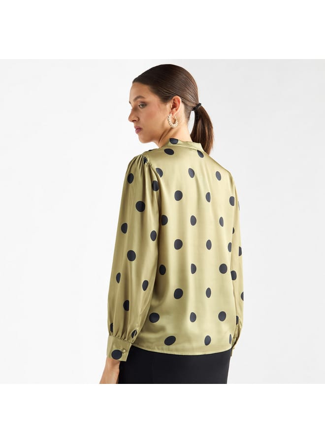 All-Over Polka Dot Print V-neck Top with Long Sleeves