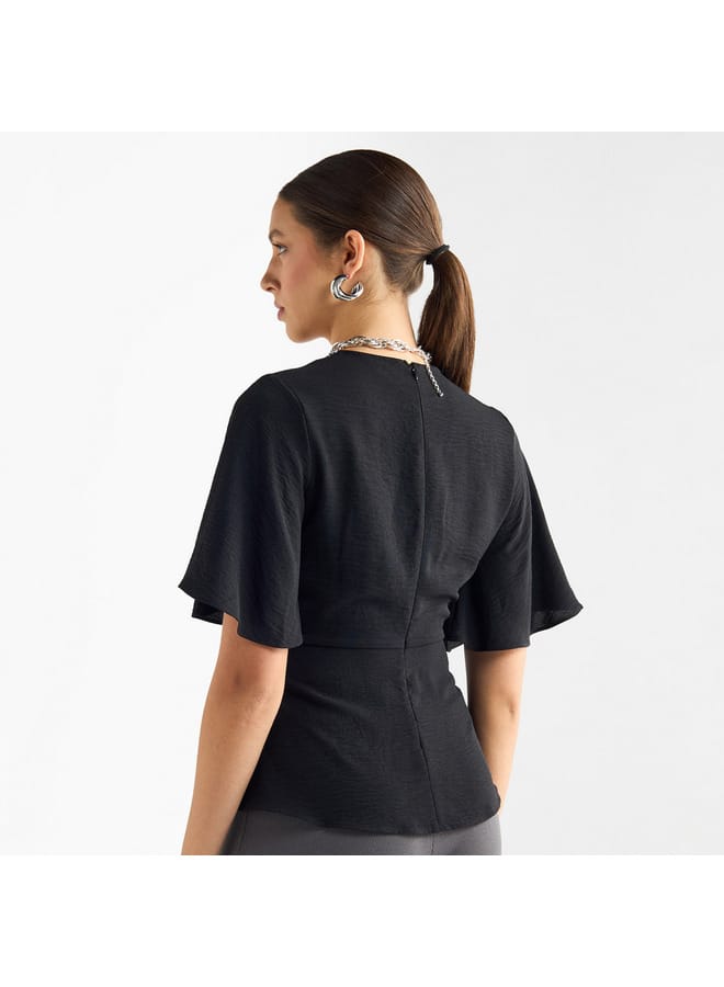 Solid V-neck Top with Flutter Sleeves and Knot Detail