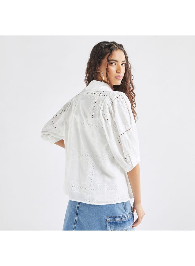 All-Over Embroidered Collared Shirt with Puff Sleeves