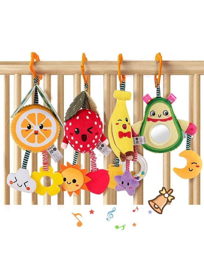 TUMAMA Baby Toys for 3 6 9 12 Months,Hanging Fruit Rattles Avocado,Banana,Orange and Strawberry,Stroller Mobile Toys,Plush Soft Rattles for Boys,Girls Christmas Gifts,4 Pack