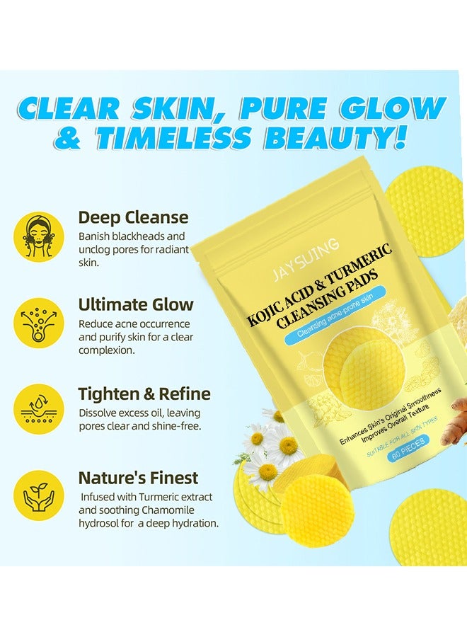 Kojic Acid & Turmeric Cleansing Pads- Dark Spots Cleansing Pads Helps Balance Skin Oil & Water Fade Spot Remove Excess Keratin Clean Oil Refines Pores 60 Pieces