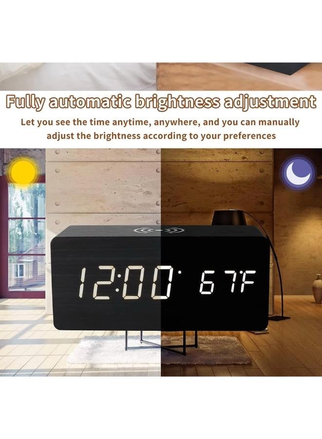 Modern Wooden LED Smart Alarm Clocks Wireless Charger for Bedroom Bedside Table Square Voice Control Desktop Digital Clock Decor