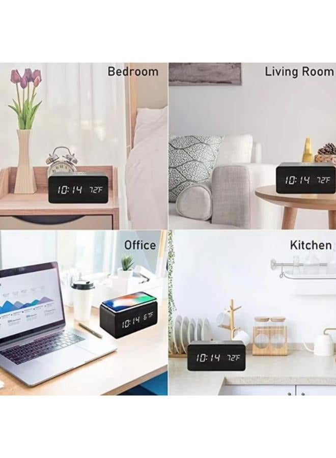 Modern Wooden LED Smart Alarm Clocks Wireless Charger for Bedroom Bedside Table Square Voice Control Desktop Digital Clock Decor