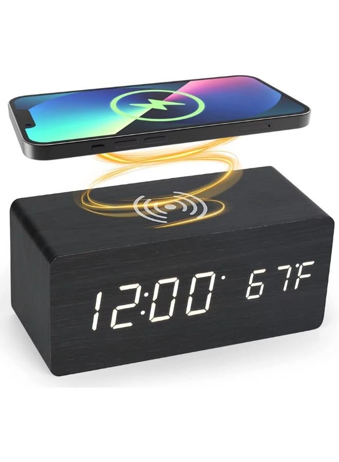 Modern Wooden LED Smart Alarm Clocks Wireless Charger for Bedroom Bedside Table Square Voice Control Desktop Digital Clock Decor