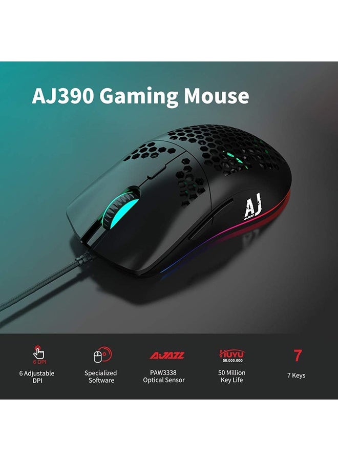 AJ390 Gaming Wired Ultra-Lightweight Honeycomb Design 16000DPI Programmable Mice 7 Buttons Computer Mouse for Laptop