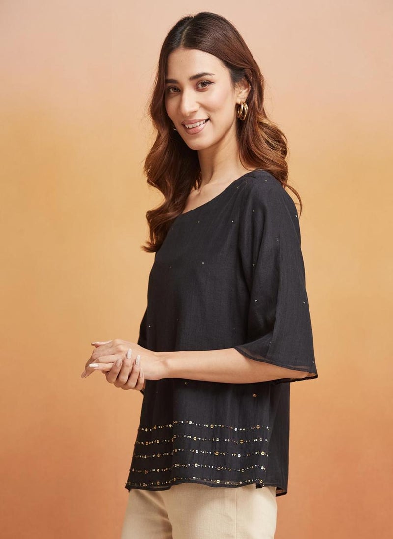 Black Cotton Silk Woven Top