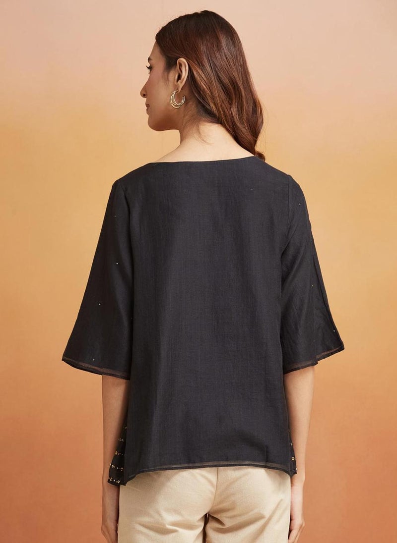 Black Cotton Silk Woven Top