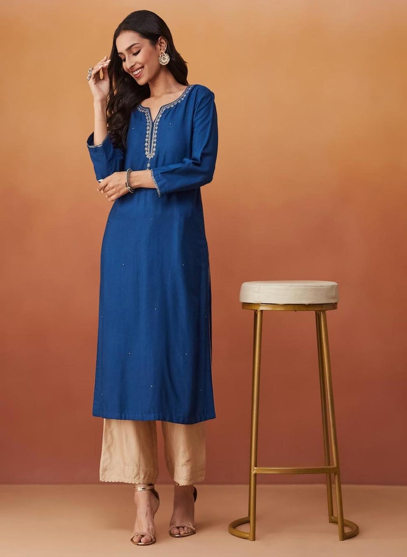 Blue Viscose Silk Embroidered Long Kurta