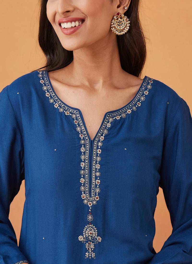 Blue Viscose Silk Embroidered Long Kurta