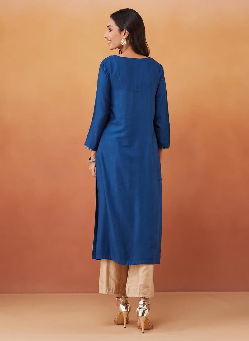 Blue Viscose Silk Embroidered Long Kurta