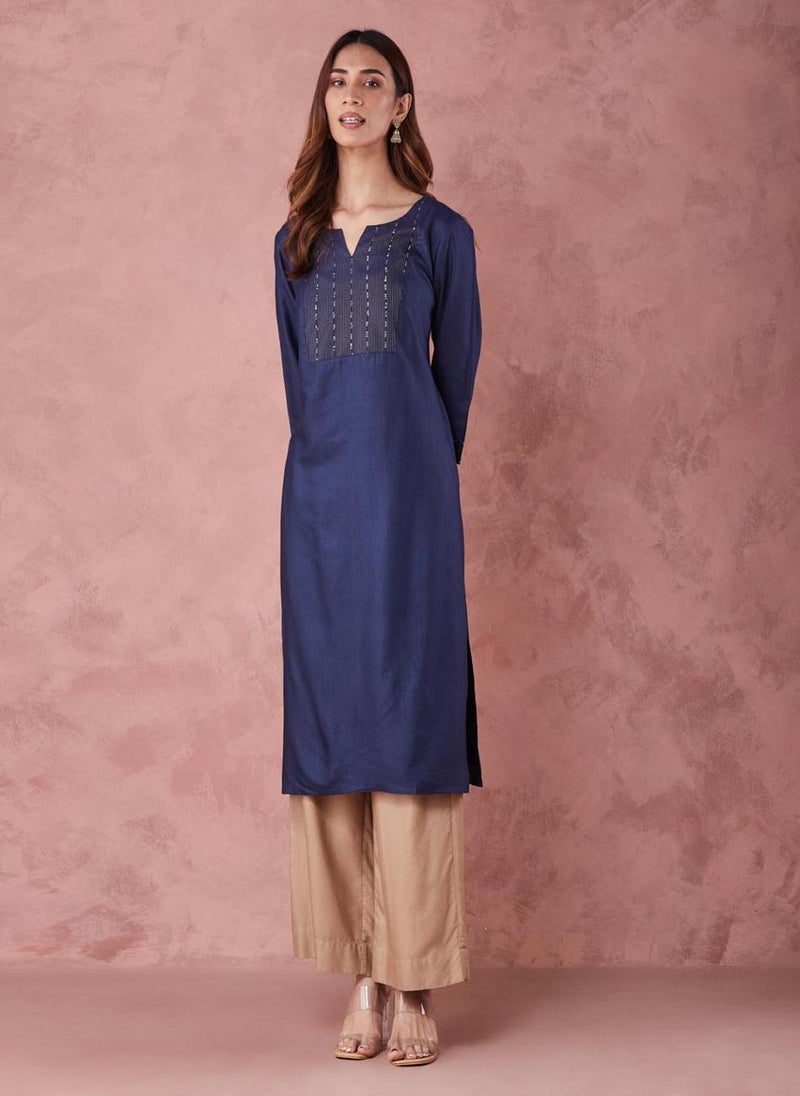 Blue Viscose Silk Embroidered Long Kurta