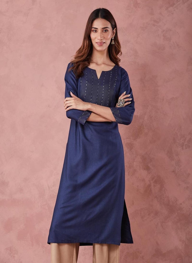 Blue Viscose Silk Embroidered Long Kurta