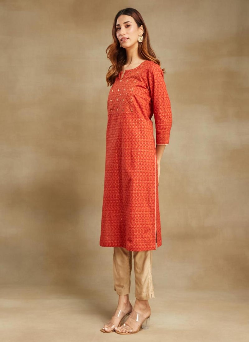 Orange Cotton Hand Block Printed Long Kurta